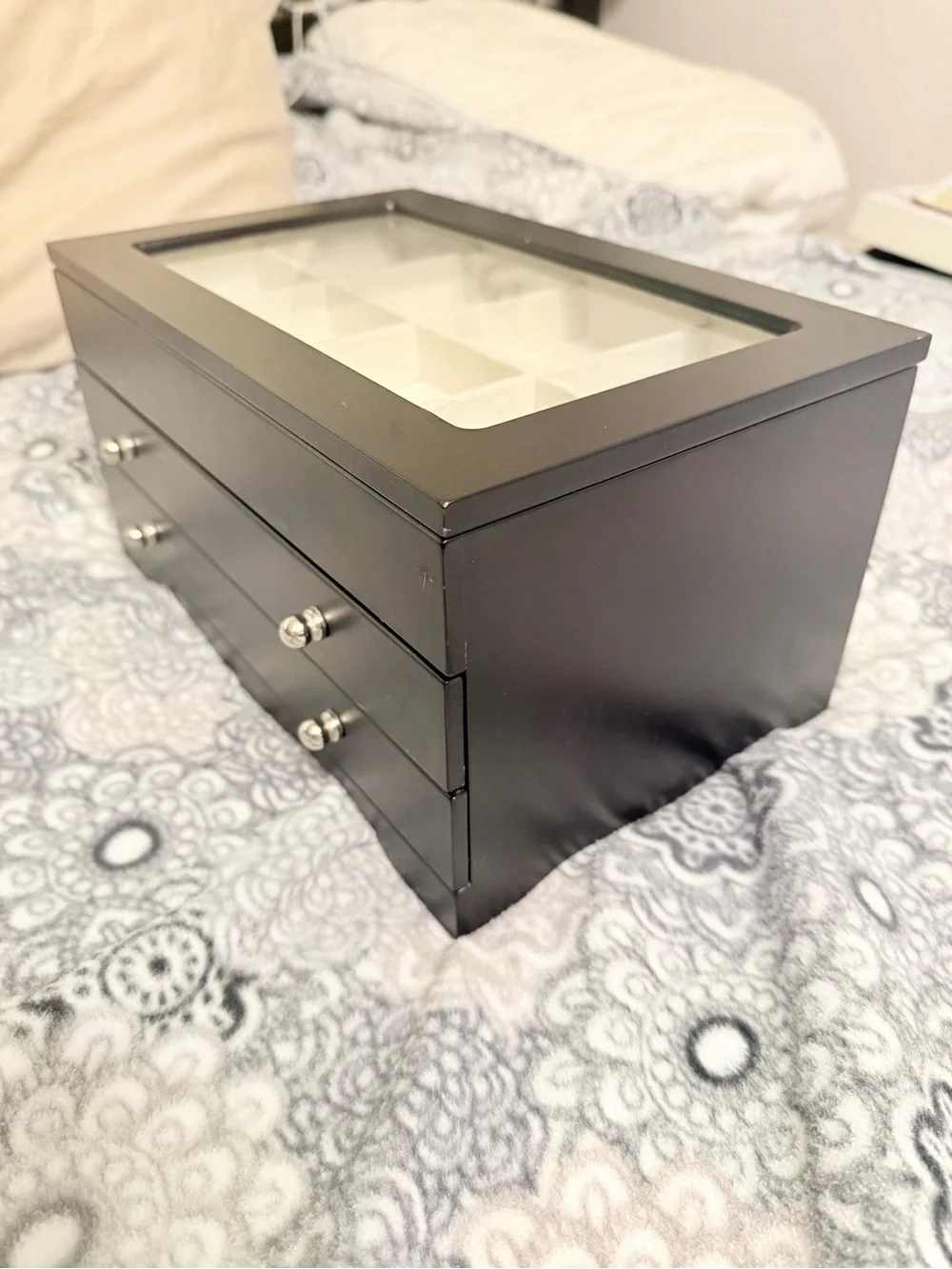 Elegant Black Wooden Jewelry Box & Watch Organizer – 3 Tiers
